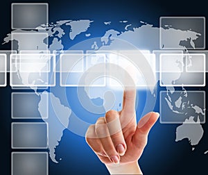 Female hand pushing a button on a touch screen