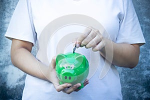 Female hand putting coin in piggy bank