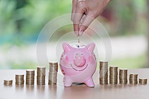 Female hand putting a coin into piggy bank , for invest money, I