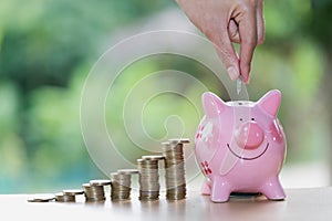 Female hand putting a coin into piggy bank , for invest money, I