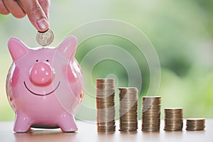 Female hand putting a coin into piggy bank , for invest money, Ideas for saving money for future use, Financial growth and