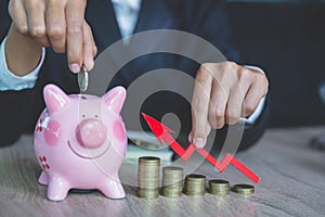 Female hand putting a coin into piggy bank , for invest money, Ideas for saving money for future use, Financial growth and photo