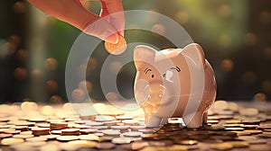 Female hand putting money coins into piggy bank for savings. Generative AI