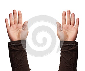 Female hand is raised up with an open palm, part of the body is isolated on a white background