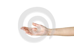 Female hand reaching out on isolated background