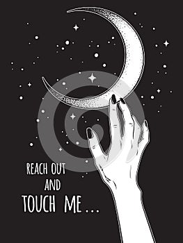 Female hand reaching out to the Moon vector illustration. Black work, dot work, line art, flash tattoo, poster or print design.