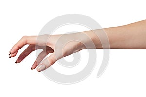 Female hand reaching for something on white