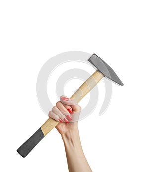 Female hand with a red manicure and a hammer.