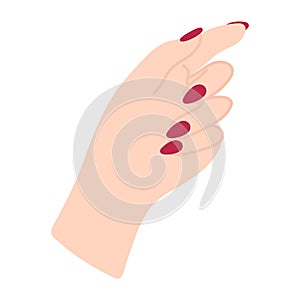 Female hand with red manicure. Hand knock. Non-verbal language. Palm forward. Arm of a white woman. Finger pointing and