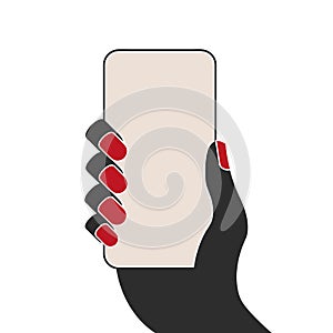 Female hand with red manicure holding a smartphone with blank screen. Flat vector illustration isolated on white
