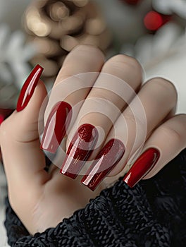 Female hand with red nail polish manicure