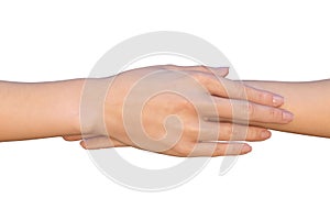 Female hand rests on top of another hand