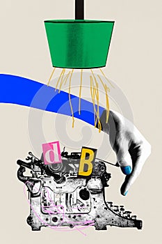 Female hand and retro typewriter. Journalism, stories creature, writer, social media, news. Contemporary art collage.