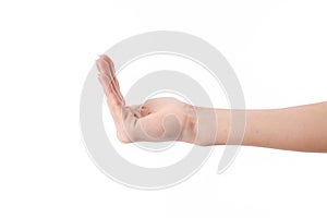Female hand showing the gesture with raised up fingers side view isolated on white background