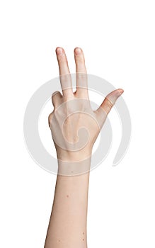 Female hand showing number three gesture.  on white background, concept of counting,