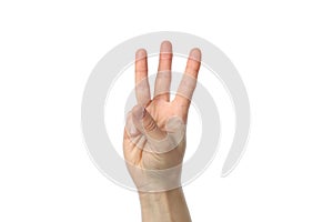 Female hand showing three fingers, isolated