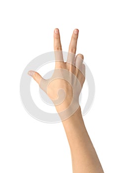 Female hand showing three fingers on white background