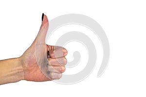 Female hand showing thumb up ok all right victory hand sign gesture. Gestures and signs. Body language isolated on white backgroun