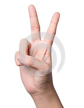 Female hand showing two fingers, on white background.