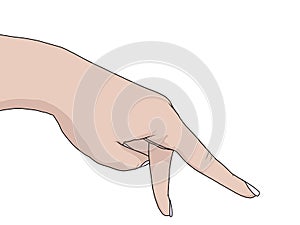 Female hand showing walking fingers gesture. Outline icon isolated on white background. Realistic drawing. Vector