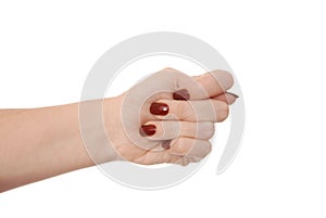 Female hand shows fig sign, fingers on white background, obscene gesture as single object, isoleted girl`s palm, it is used when