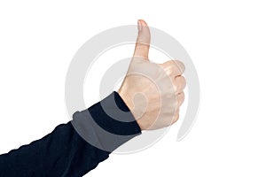 Female hand shows thumb up gesture and sign. Isolated on white background. Dark blue pullover