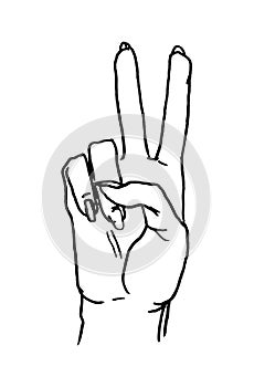 Female hand sign show sign victory or peace sign. Vector black vintage illustration