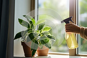 Female Hand Spraying Water on Indoor Houseplant