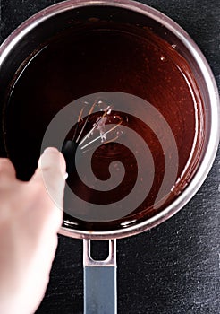 Female hand stirring chocolate in saucepan