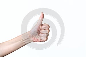 Female hand symbol thumb up, isolated, white backgroud