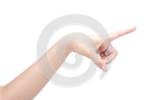 Female hand touching or pointing to something.Isolated on white with clipping path