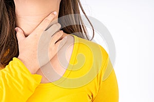 Female hand touching thyroid nodule. Medical, healthcare for advertising concept