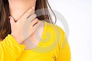 Female hand touching thyroid nodule. Medical, healthcare for advertising concept photo