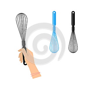 Female hand with whisk. Flat vector of kitchen utensils photo