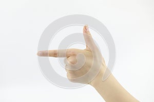 Female hand on white background pointing on touch screen