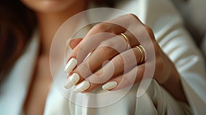 Female hand with white nail design. Glitter white nail polish manicure