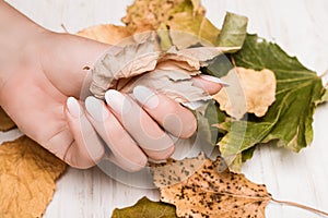 Female hand with white nail design. White nail polish manicured hand. Woman hand hold yellow autumn leaf