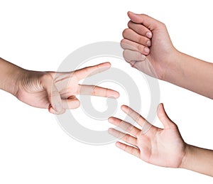 Female hand on white , roshambo sign