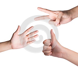 Female hand on white , roshambo sign