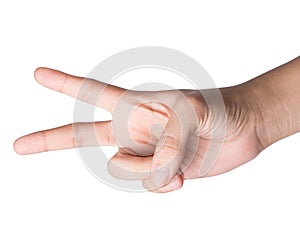 Female hand on white , scissors roshambo sign