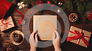 Female hand writing and reading a letter to Santa on wooden background with Christmas gifts, Fir branches and candy. Xmas and