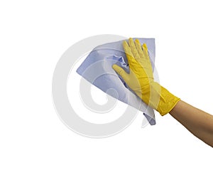 female hand in yellow protective rubber glove, blue rag on white background