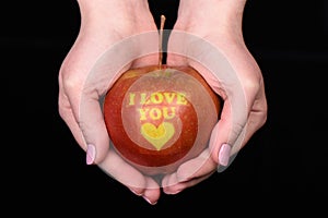 Female hands with an apple. I love you photo