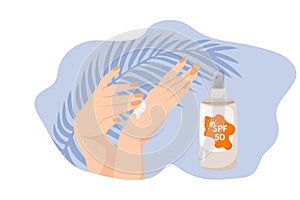 Female hands apply moisturizing lotion on blue background with palm leaves. Sunscreen moisturizer, sunscreen, sunscreen