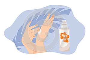 Female hands apply tanning mousse on blue background with palm leaves. Sunscreen moisturizer, sunscreen, sunblock, skin