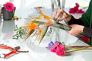 Female hands arranging bouquet.