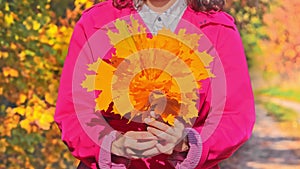 Female hands with autumn leafs in front