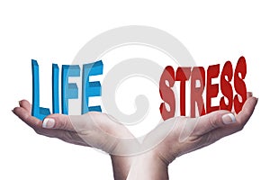 Female hands balancing life and stress 3D words conceptual image