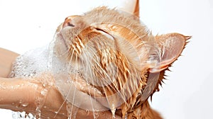 Female hands bathe a red cat, cat in soap foam close up, pet care concept, banner, copy space photo