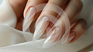 Female hands with beige manicure and white nail design. Nail polish manicure